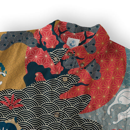 Crane Sakura Japanese Hawaiian Shirt Ocean Wave Koi Carp Fish Hawaiian