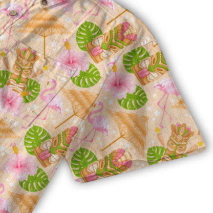 Tiki Mask Pattern Hawaii Shirt for Men, Aloha Flamingo Pattern Hawaii Shirt