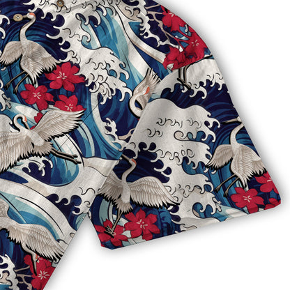 Crane Sakura Japanese Hawaiian Shirt Ocean Wave Koi Carp Fish Hawaiian