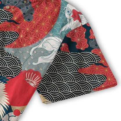 Crane Sakura Japanese Hawaiian Shirt Ocean Wave Koi Carp Fish Hawaiian