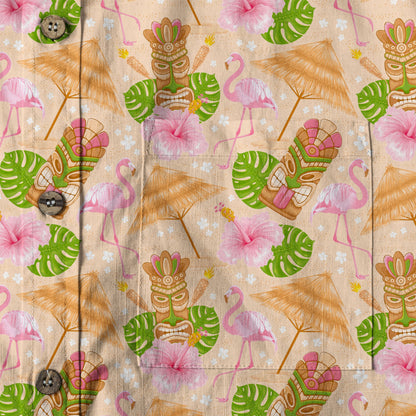 Tiki Mask Pattern Hawaii Shirt for Men, Aloha Flamingo Pattern Hawaii Shirt