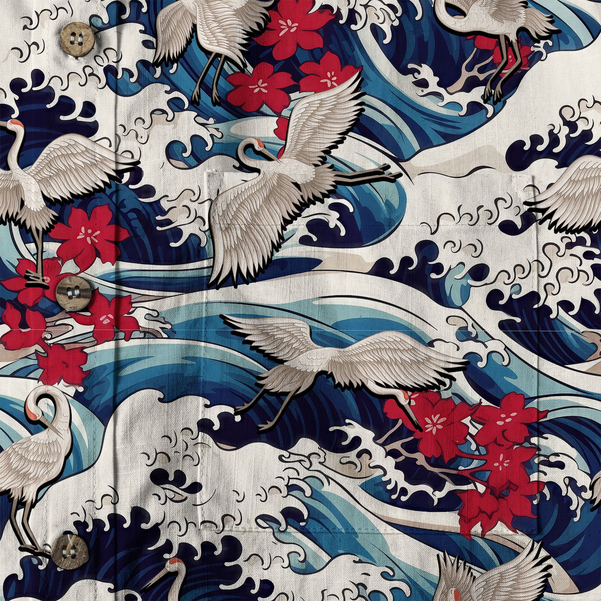 Crane Sakura Japanese Hawaiian Shirt Ocean Wave Koi Carp Fish Hawaiian