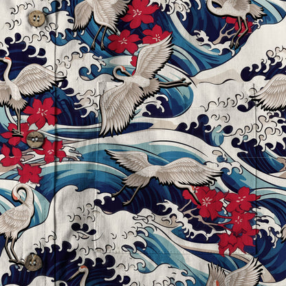 Crane Sakura Japanese Hawaiian Shirt Ocean Wave Koi Carp Fish Hawaiian
