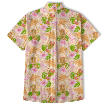 Tiki Mask Pattern Hawaii Shirt for Men, Aloha Flamingo Pattern Hawaii Shirt