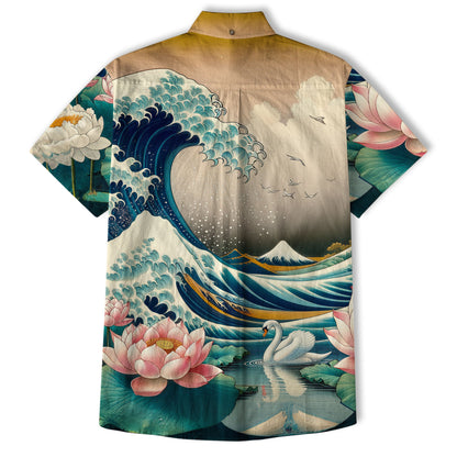 Crane Sakura Japanese Hawaiian Shirt Ocean Wave Koi Carp Fish Hawaiian
