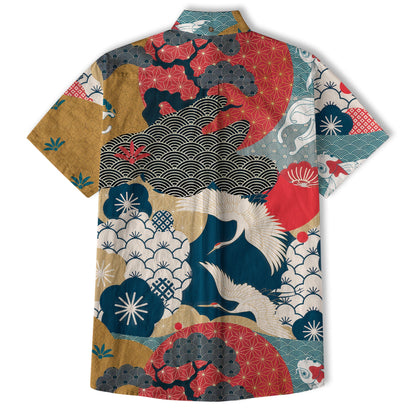 Crane Sakura Japanese Hawaiian Shirt Ocean Wave Koi Carp Fish Hawaiian