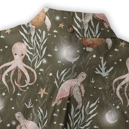 Ocean Animals Hawaiian Button Up Shirt, Turtle Summer Beach Shirt
