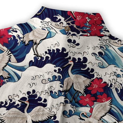 Crane Sakura Japanese Hawaiian Shirt Ocean Wave Koi Carp Fish Hawaiian