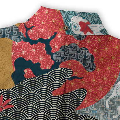 Crane Sakura Japanese Hawaiian Shirt Ocean Wave Koi Carp Fish Hawaiian