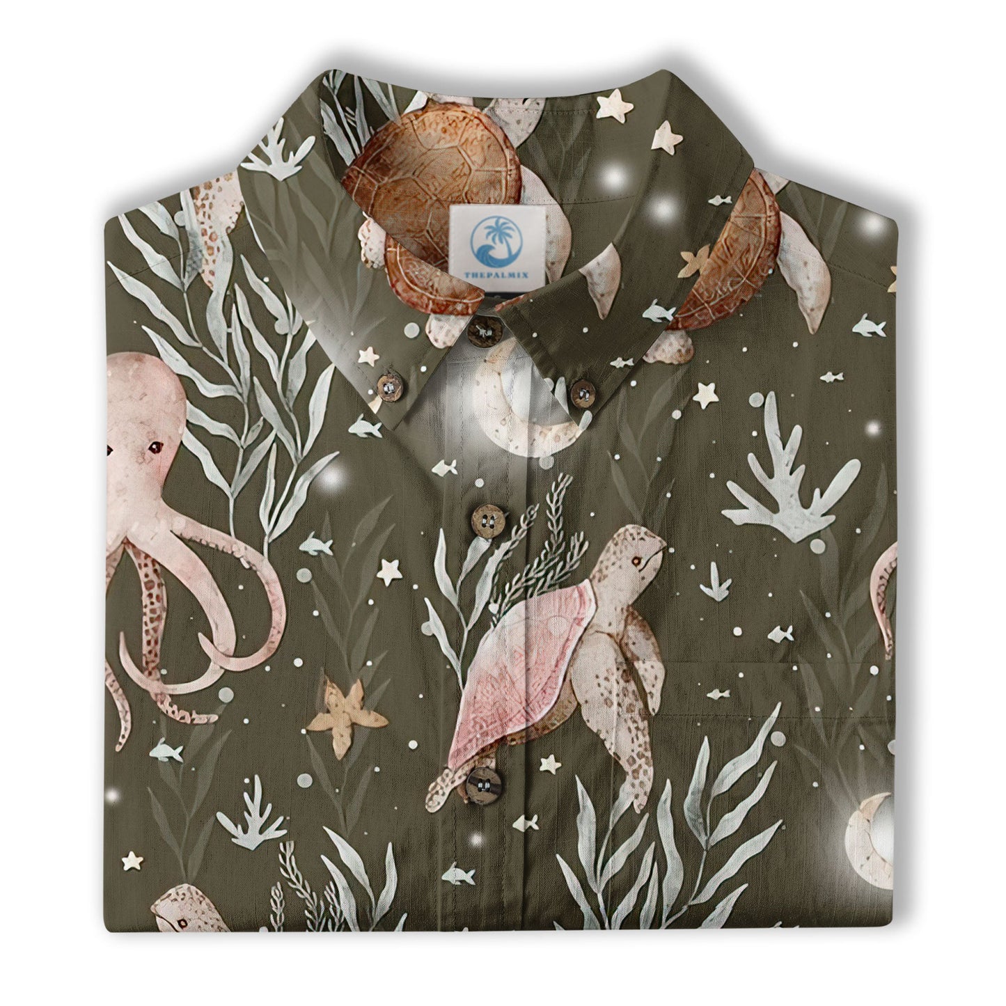 Ocean Animals Hawaiian Button Up Shirt, Turtle Summer Beach Shirt