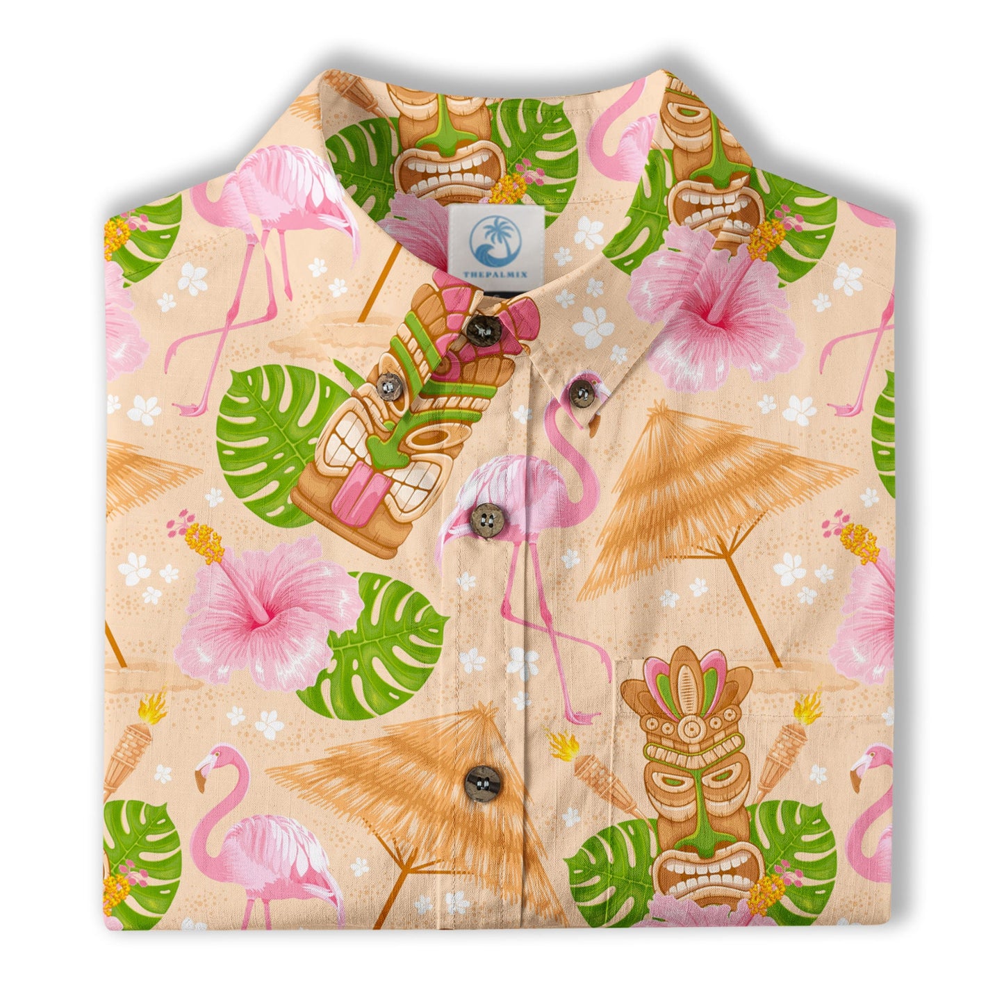 Tiki Mask Pattern Hawaii Shirt for Men, Aloha Flamingo Pattern Hawaii Shirt
