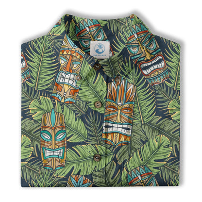 Surfing Tiki Mask Pattern Hawaii Shirt for Men, Aloha Flamingo Pattern Hawaii Shirt