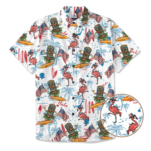 Tiki Mask USA Flag Independence Day  - Cotton Hawaii Shirt