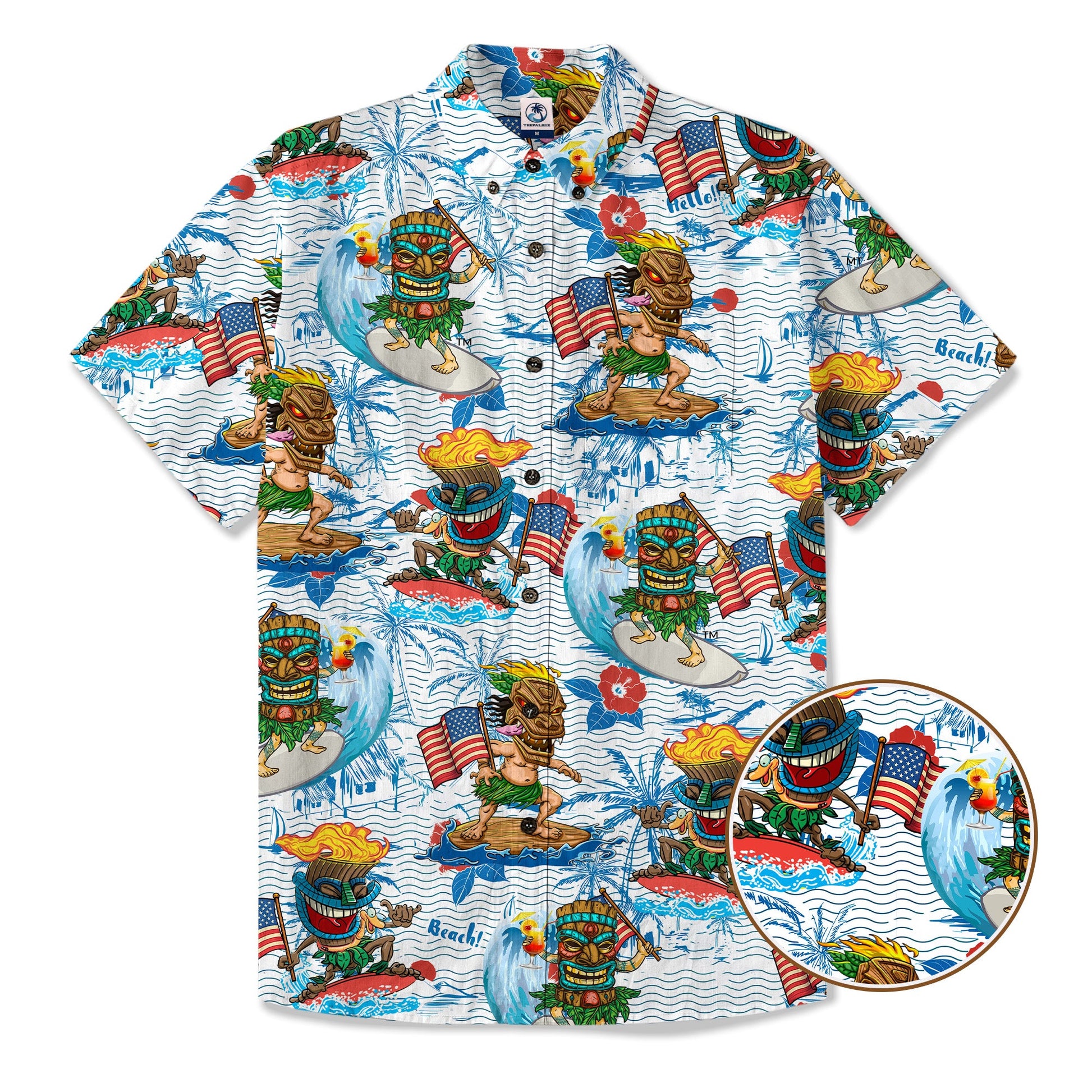 Tiki Mask Surfing Independence Day of USA - Cotton Hawaii Shirt