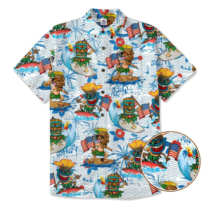 Tiki Mask Surfing Independence Day of USA - Cotton Hawaii Shirt