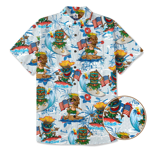 Tiki Mask Surfing Independence Day of USA - Cotton Hawaii Shirt