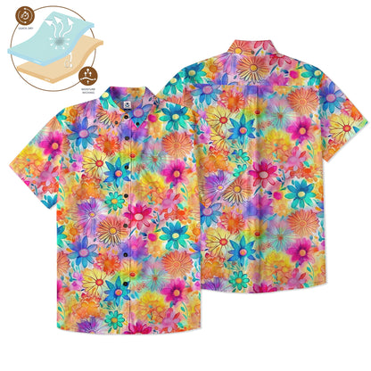 Hippie Flowers Seamless Patterns Hawaii Shirt, Groovy Floral Pattern Hawaiian Shirt