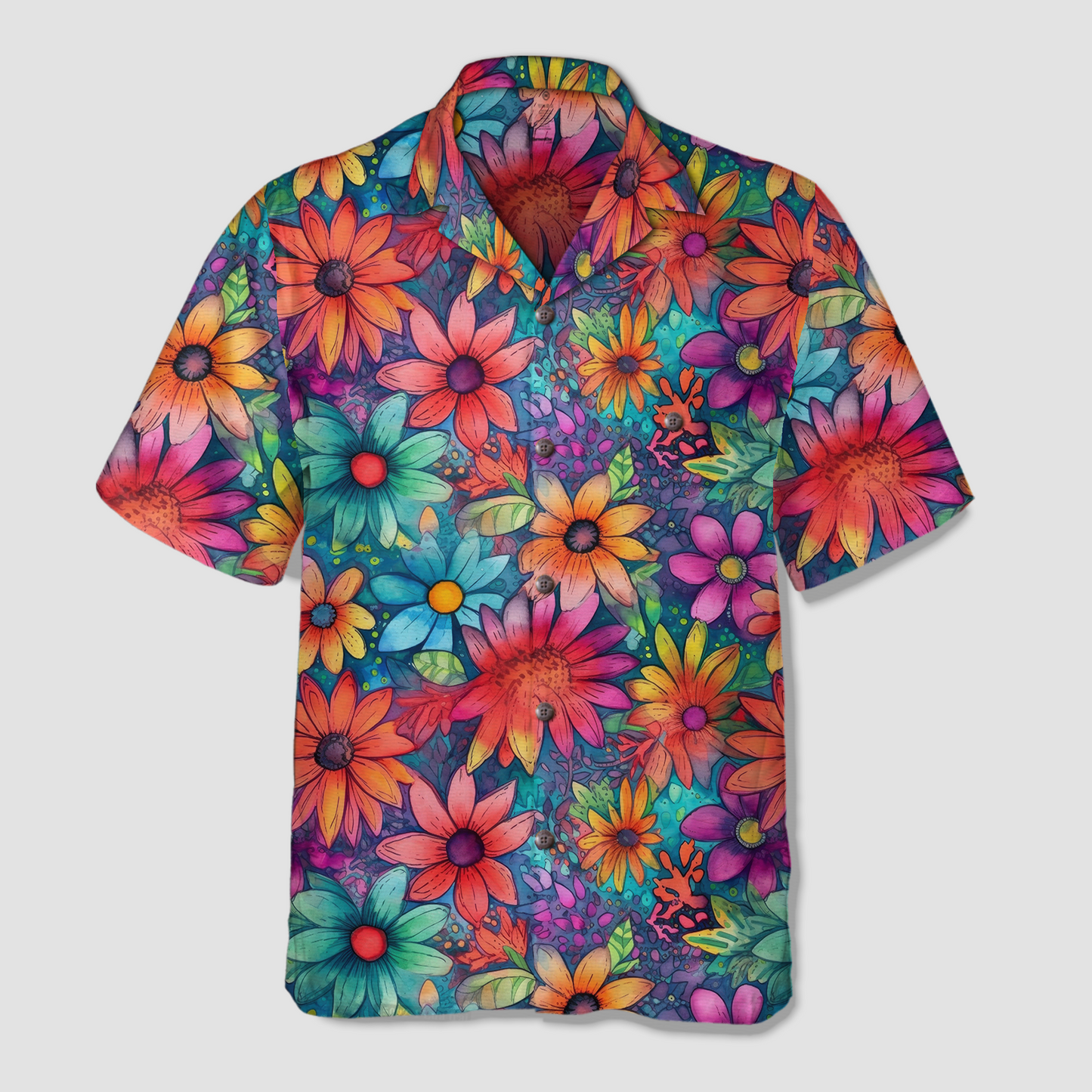 Colorful Hippie Flowers Patterns Hawaii Shirt, Groovy Floral Pattern Hawaiian Shirt for Men Women