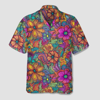 Colorful Hippie Flowers Patterns Hawaii Shirt, Groovy Floral Pattern Hawaiian Shirt for Men Women