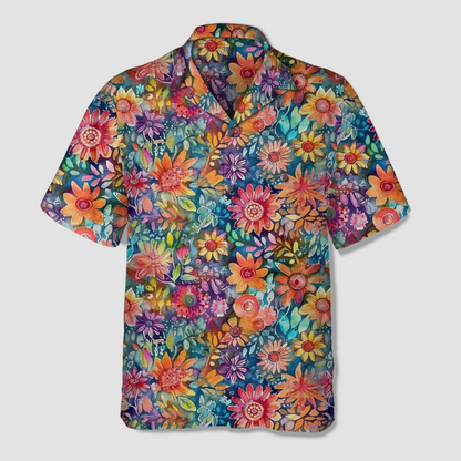 Colorful Hippie Flowers Patterns Hawaii Shirt, Groovy Floral Pattern Hawaiian Shirt for Men Women