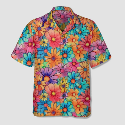 Colorful Hippie Flowers Patterns Hawaii Shirt, Groovy Floral Pattern Hawaiian Shirt for Men Women