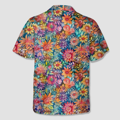 Colorful Hippie Flowers Patterns Hawaii Shirt, Groovy Floral Pattern Hawaiian Shirt for Men Women