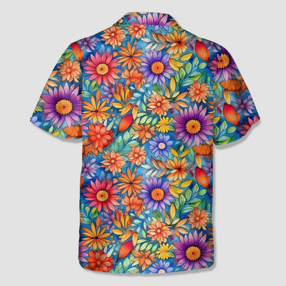 Colorful Hippie Flowers Patterns Hawaii Shirt, Groovy Floral Pattern Hawaiian Shirt for Men Women