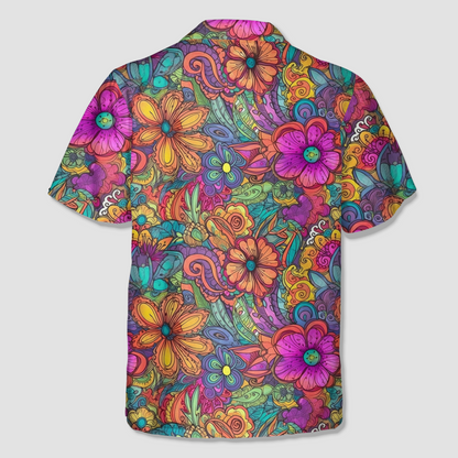 Colorful Hippie Flowers Patterns Hawaii Shirt, Groovy Floral Pattern Hawaiian Shirt for Men Women