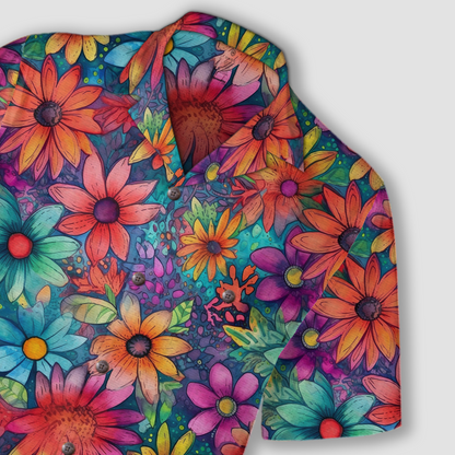 Colorful Hippie Flowers Patterns Hawaii Shirt, Groovy Floral Pattern Hawaiian Shirt for Men Women