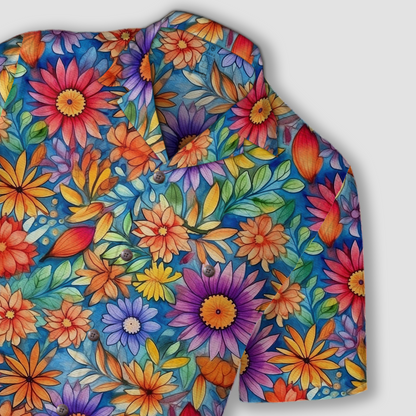 Colorful Hippie Flowers Patterns Hawaii Shirt, Groovy Floral Pattern Hawaiian Shirt for Men Women