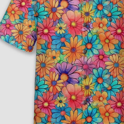 Colorful Hippie Flowers Patterns Hawaii Shirt, Groovy Floral Pattern Hawaiian Shirt for Men Women