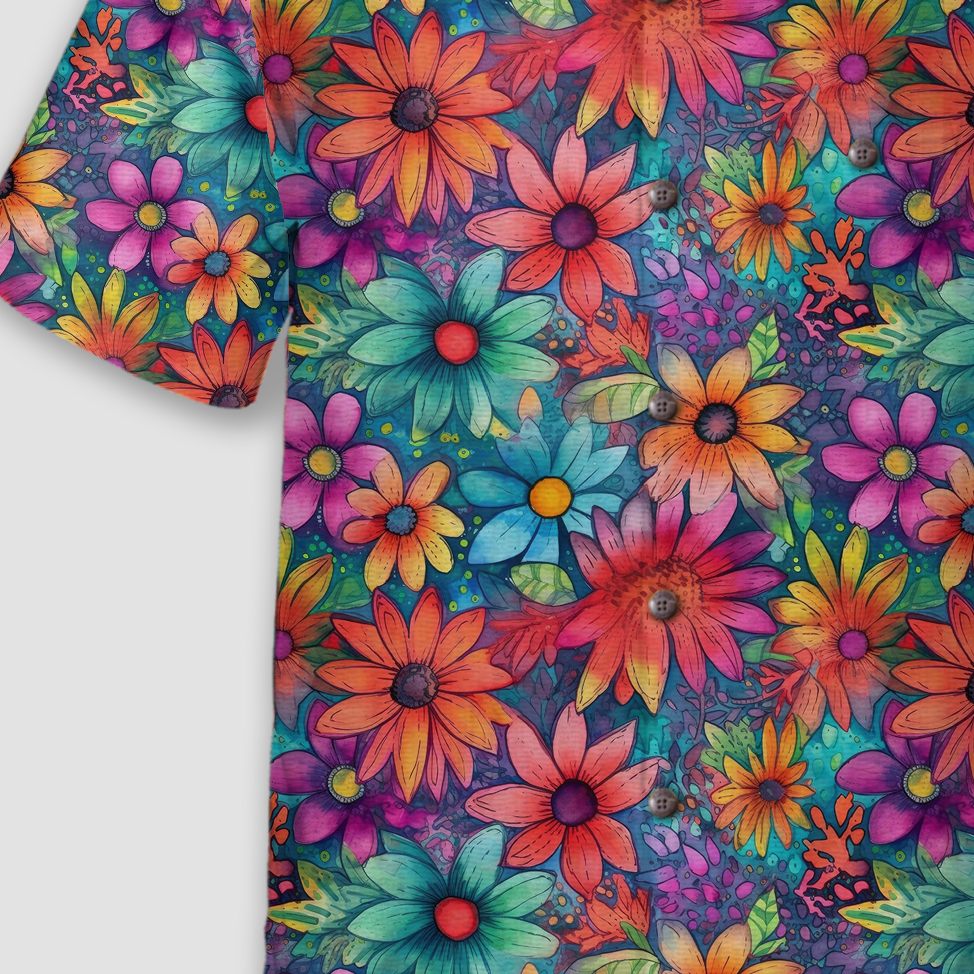 Colorful Hippie Flowers Patterns Hawaii Shirt, Groovy Floral Pattern Hawaiian Shirt for Men Women