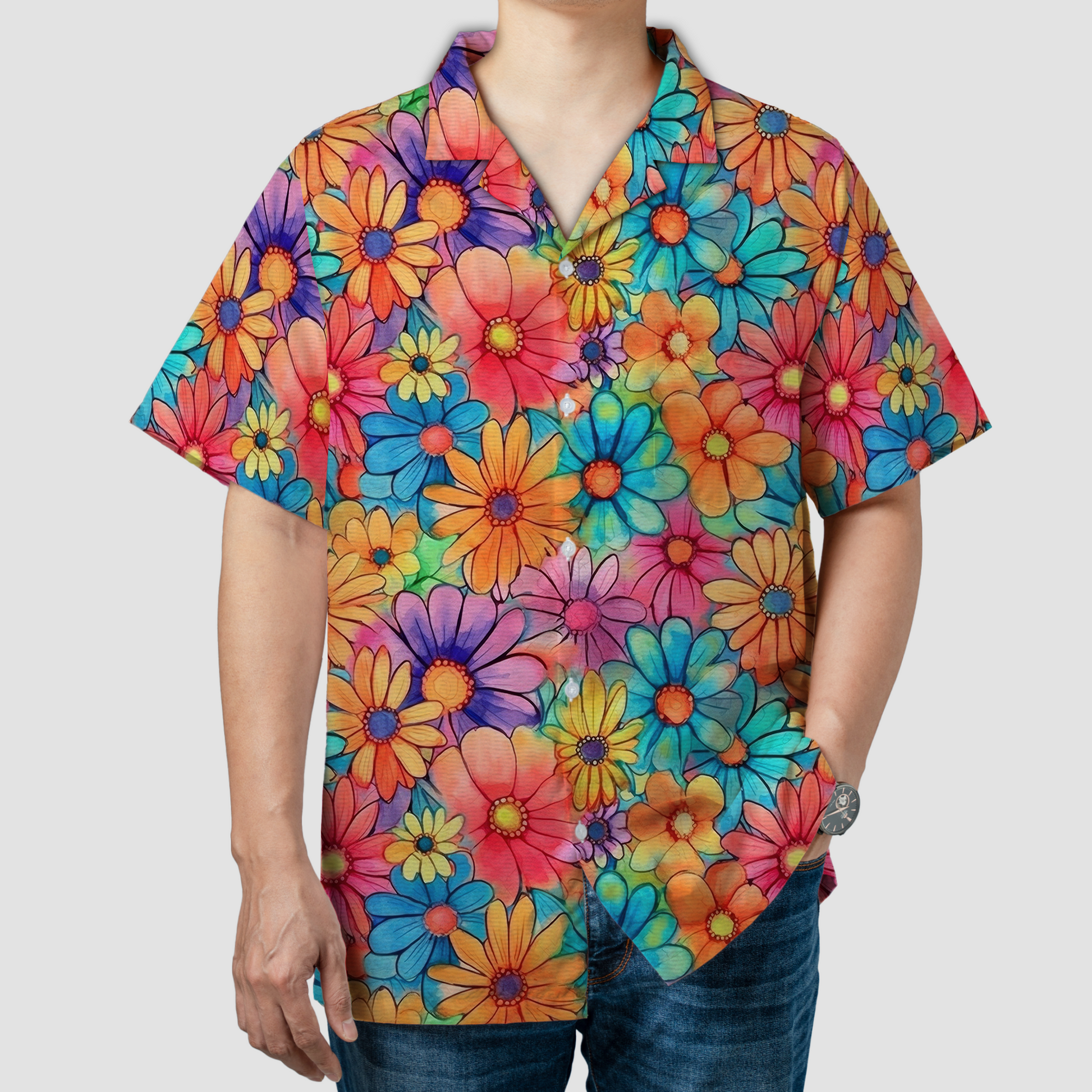 Colorful Hippie Flowers Patterns Hawaii Shirt, Groovy Floral Pattern Hawaiian Shirt for Men Women