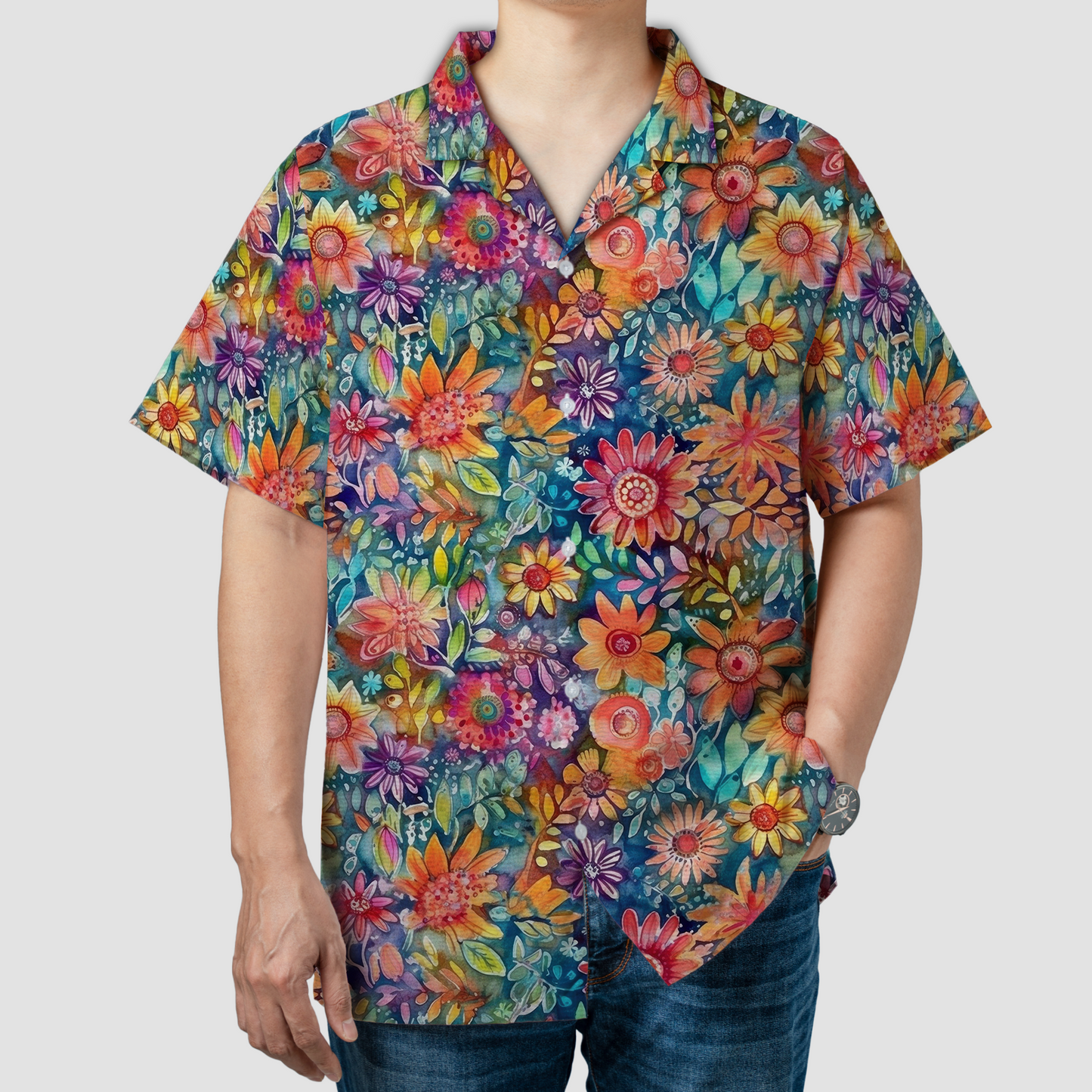 Colorful Hippie Flowers Patterns Hawaii Shirt, Groovy Floral Pattern Hawaiian Shirt for Men Women