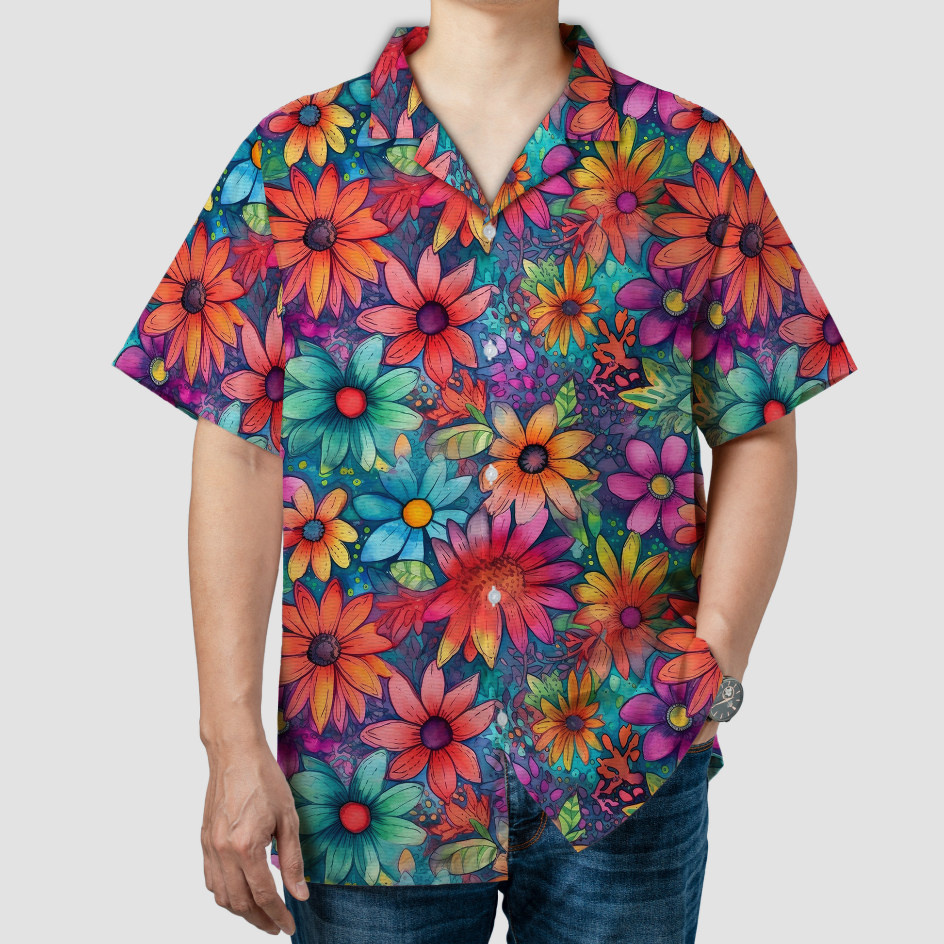 Colorful Hippie Flowers Patterns Hawaii Shirt, Groovy Floral Pattern Hawaiian Shirt for Men Women