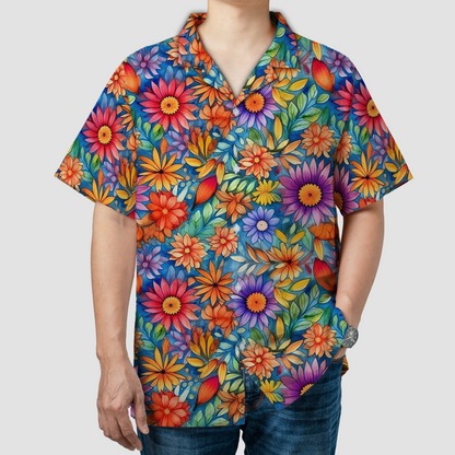 Colorful Hippie Flowers Patterns Hawaii Shirt, Groovy Floral Pattern Hawaiian Shirt for Men Women
