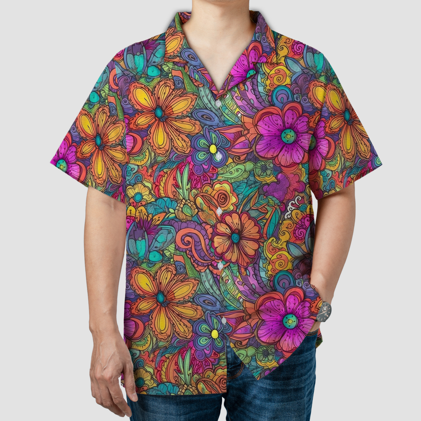 Colorful Hippie Flowers Patterns Hawaii Shirt, Groovy Floral Pattern Hawaiian Shirt for Men Women